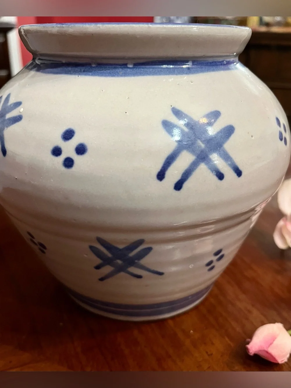 VTG Tury Studio Art Pottery Salt Glaze Vase Cobalt Blue Folk Art Pattern